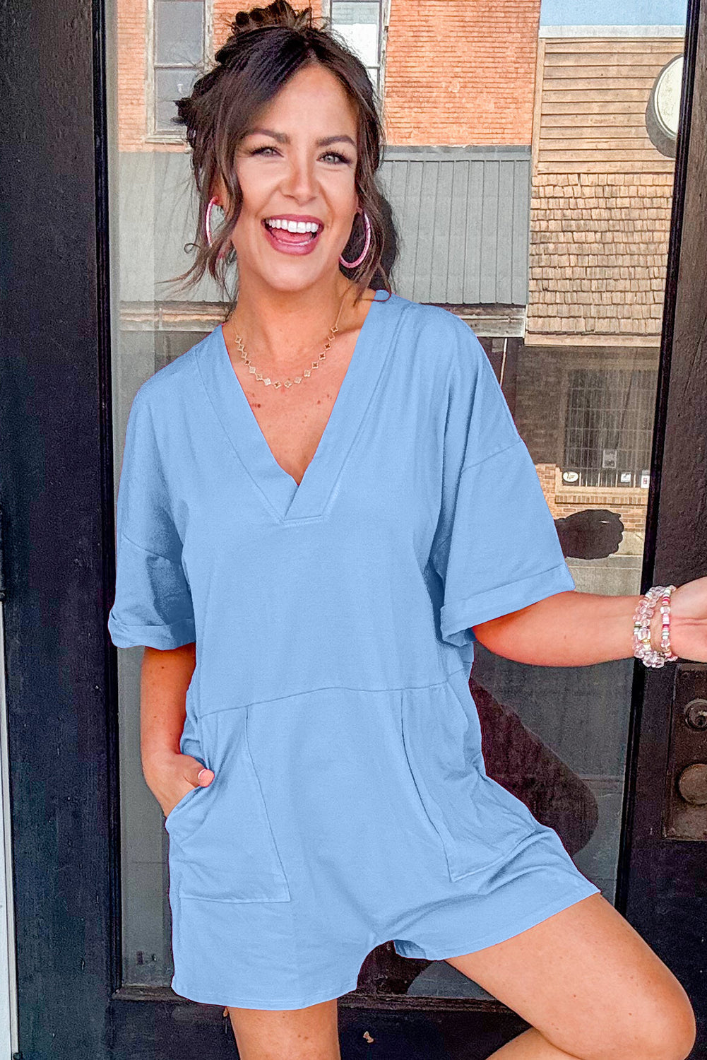 Loose Half Sleeve V-Neck Knit Romper eAura