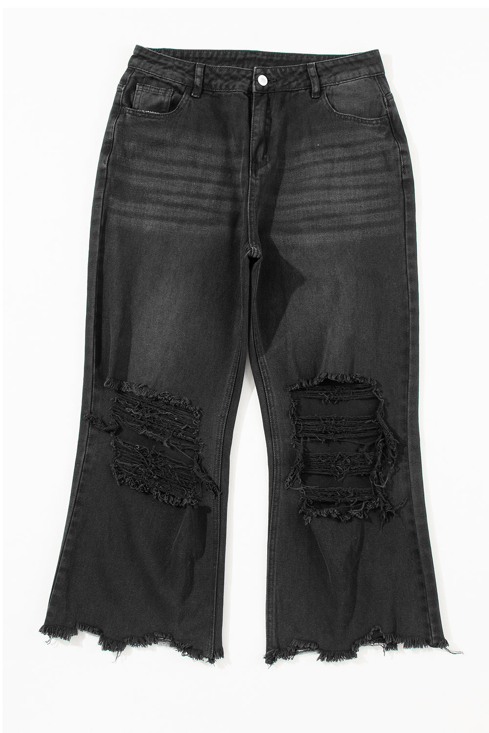 Black Distressed Hollow-out High Waist Cropped Flare Jeans Beagle Boutique Fashion Outlet