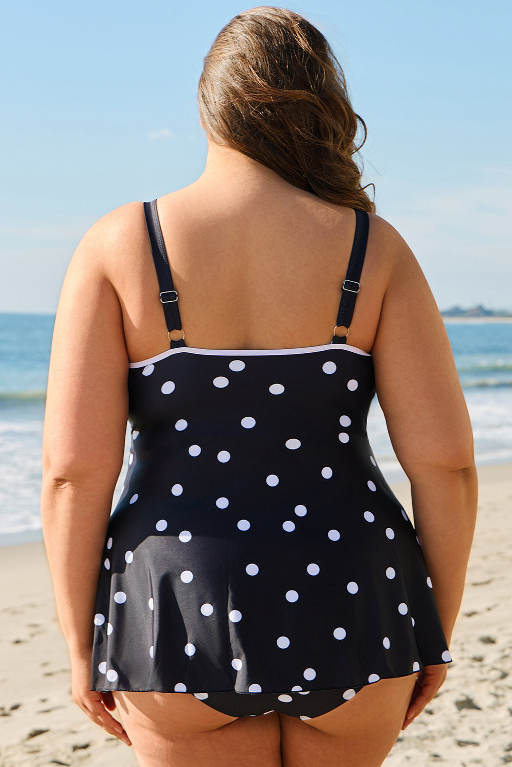 Black Polka Dot/Colourblock Trim V Neck Plus Size Swim Dress BB Fashion Outlet