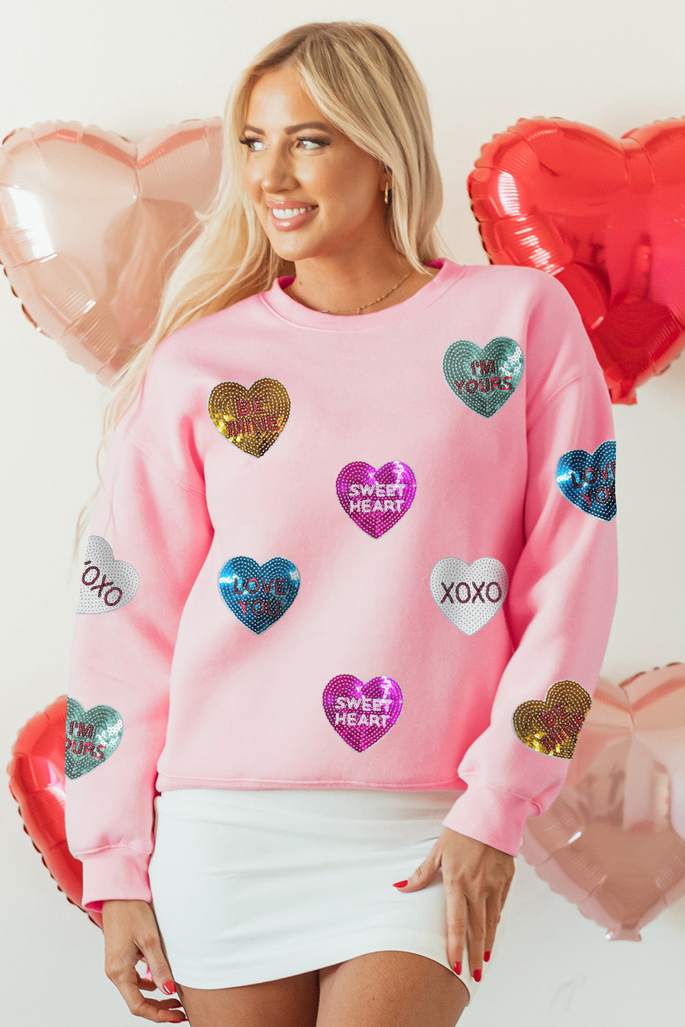 Pink Sequin Romantic Letters Heart Graphic Valentines Sweatshirt eAura
