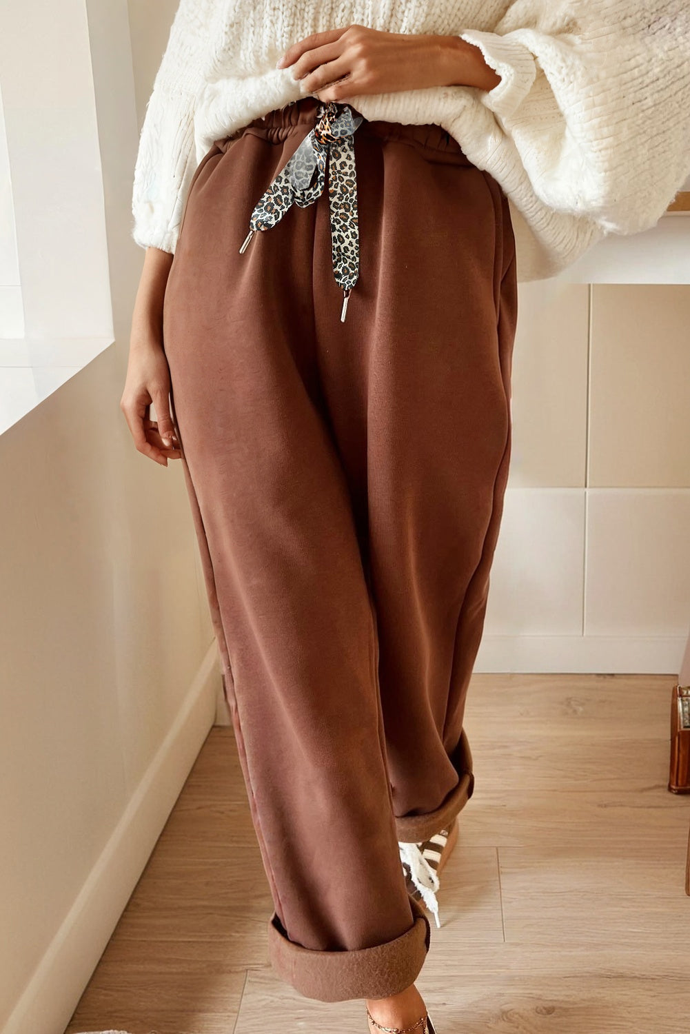 Fleece Lined Leopard Drawstring Elastic Waist Joggers eAura