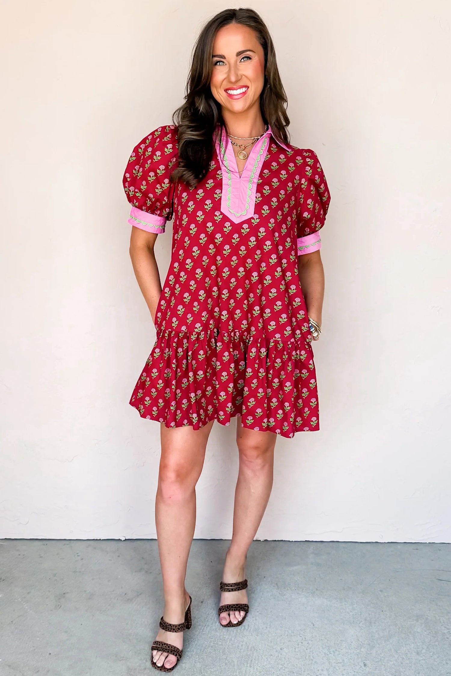 Red Floral Print Contrasted V-Neck Short Bubble Sleeve Mini Dress