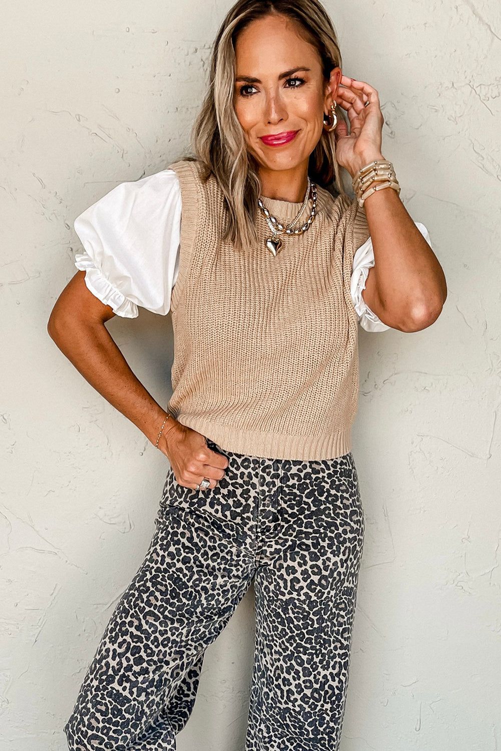 Beige Round Neck Knit Contrast Short Puff Sleeve Sweater - Sweaters & Cardigans/Sweaters