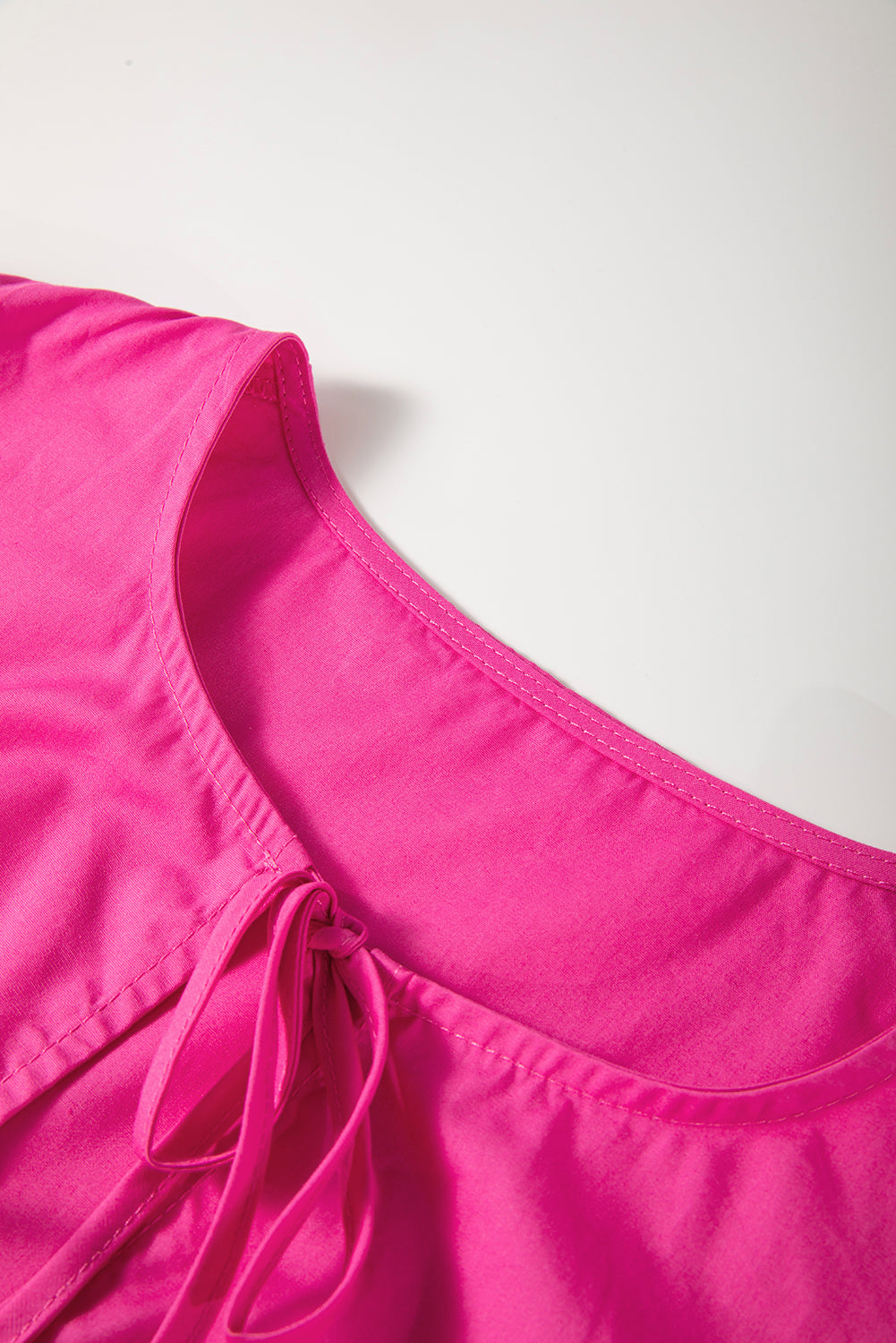 Bright Pink Solid Colour Puff Sleeve Tie Front High Waist Mini Dress eAura