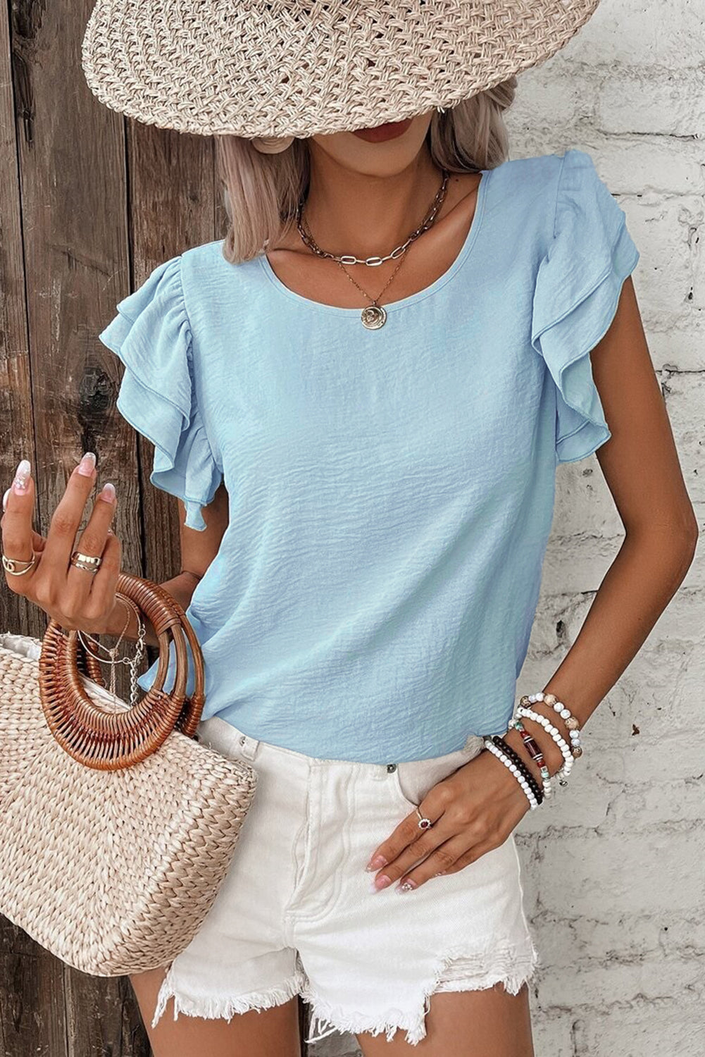 Mist Blue Solid Colour Ruffled Short Sleeve Casual Blouse eAura
