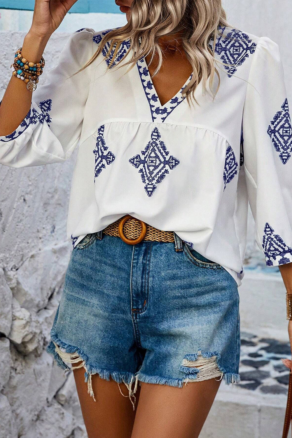 White Boho Geometric Print Bracelet Sleeve V Neck Blouse eAura