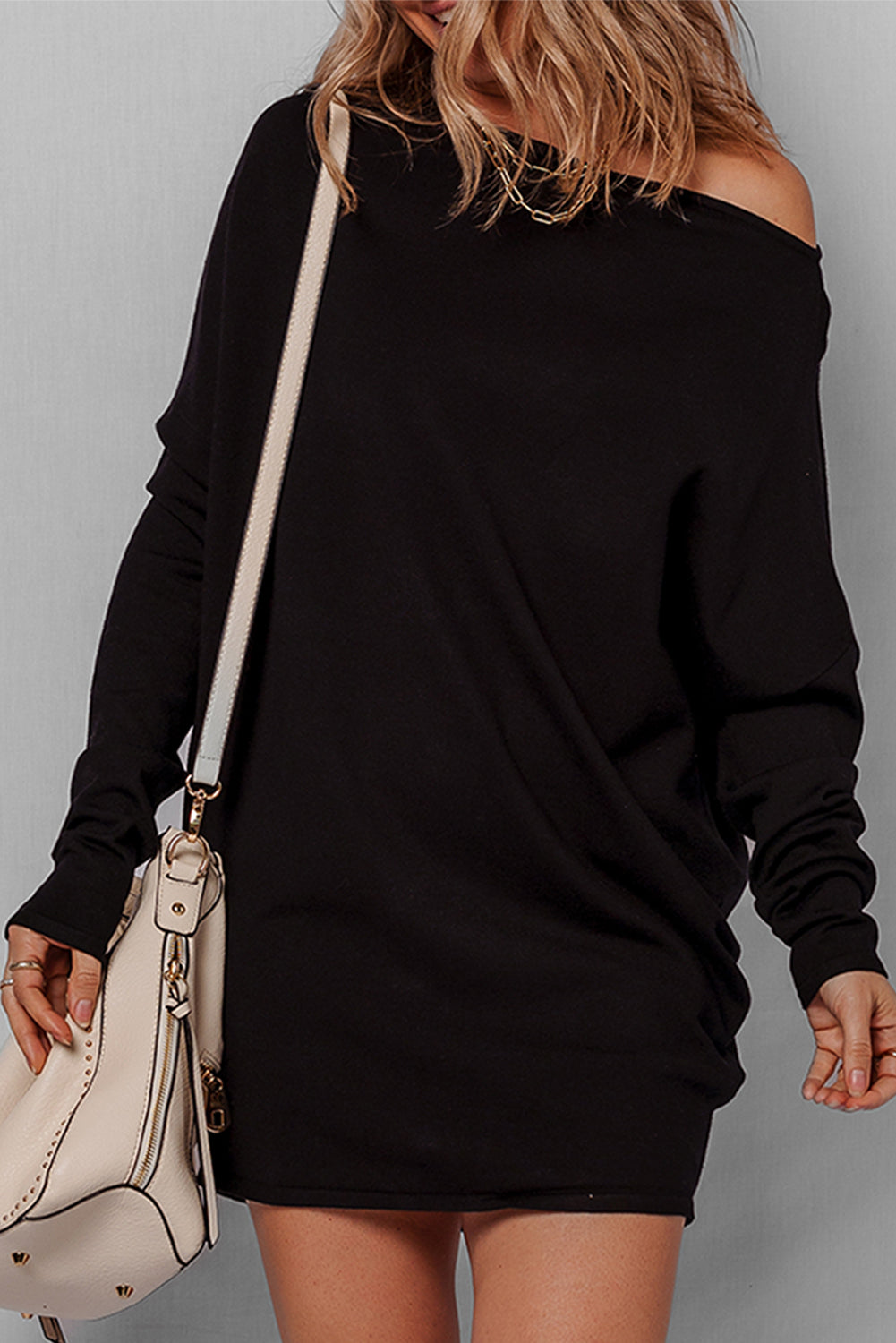 Black Asymmetric Neck Batwing Sleeve Shift Mini Sweater Dress - eAura