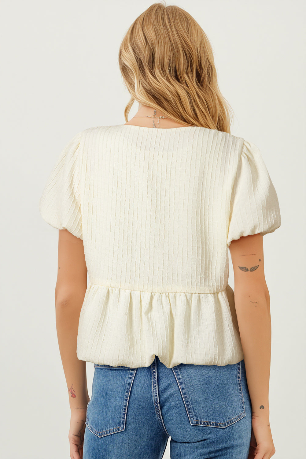 White Textured Bow Ties Front Bubble Hem Puff Short Sleeve Blouse eAura