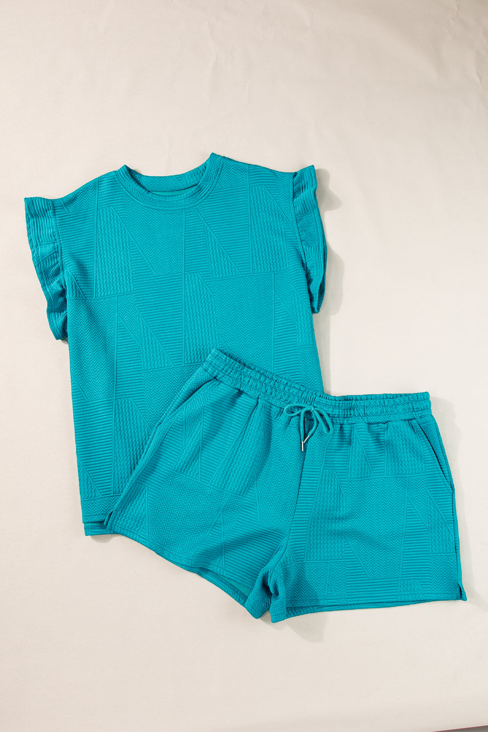 Skobeloff Textured Ruffle Split Top and Drawstring Shorts eAura