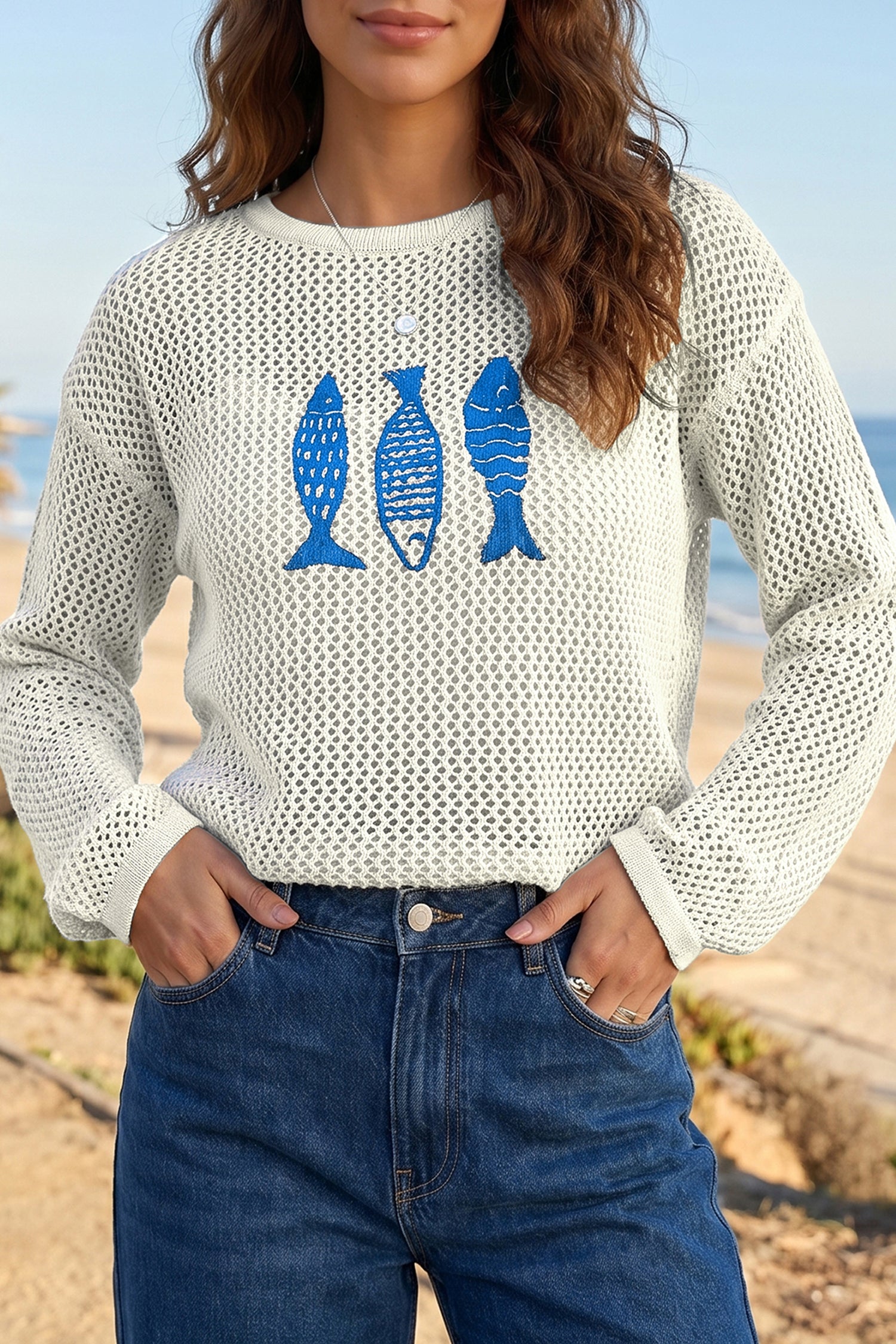 Open Knit Fish Embroidered Casual Sweater – White