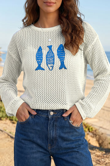Open Knit Fish Embroidered Casual Sweater – White