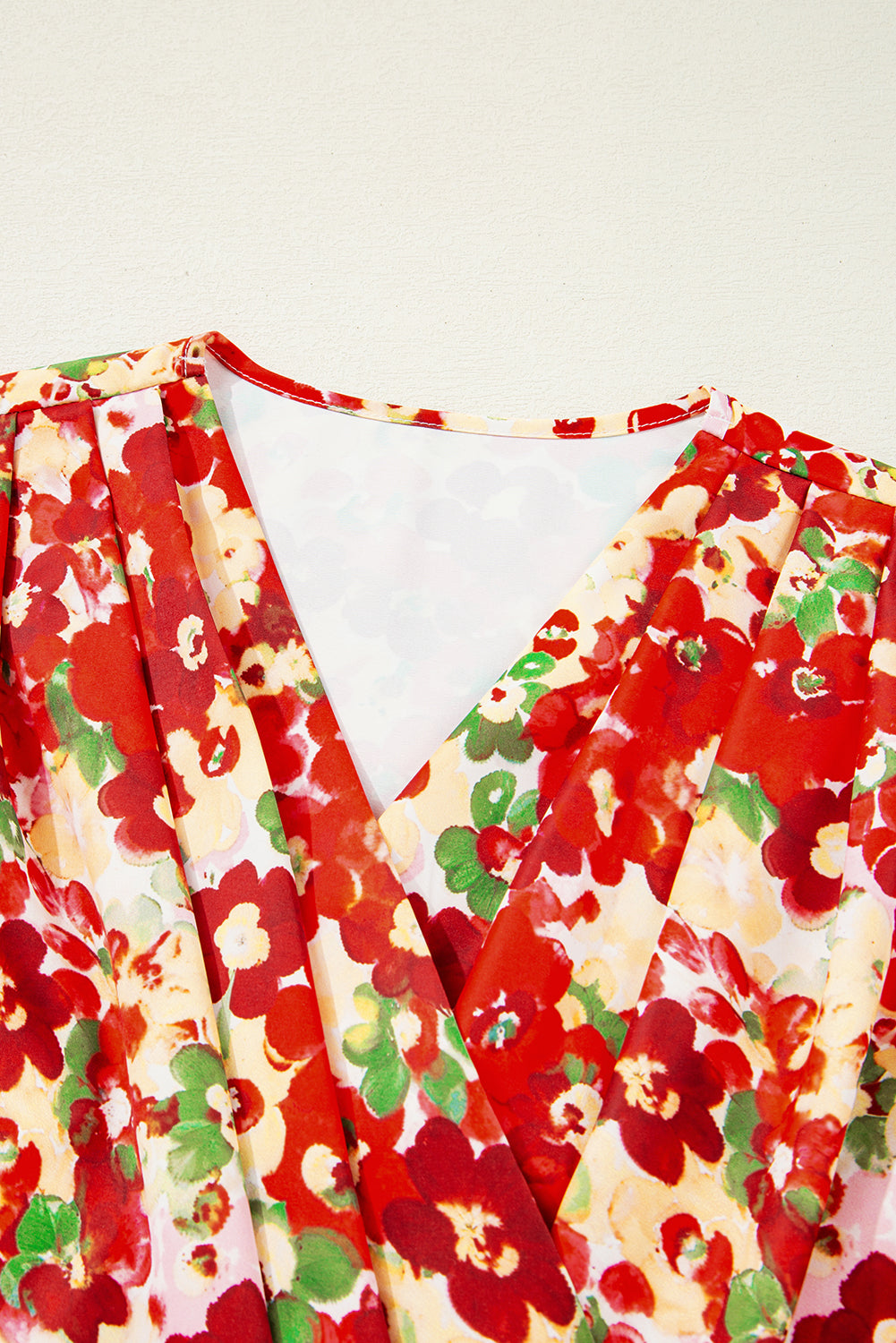 Floral Bubble Sleeve Pleated V-Neck Wrap Blouse eAura