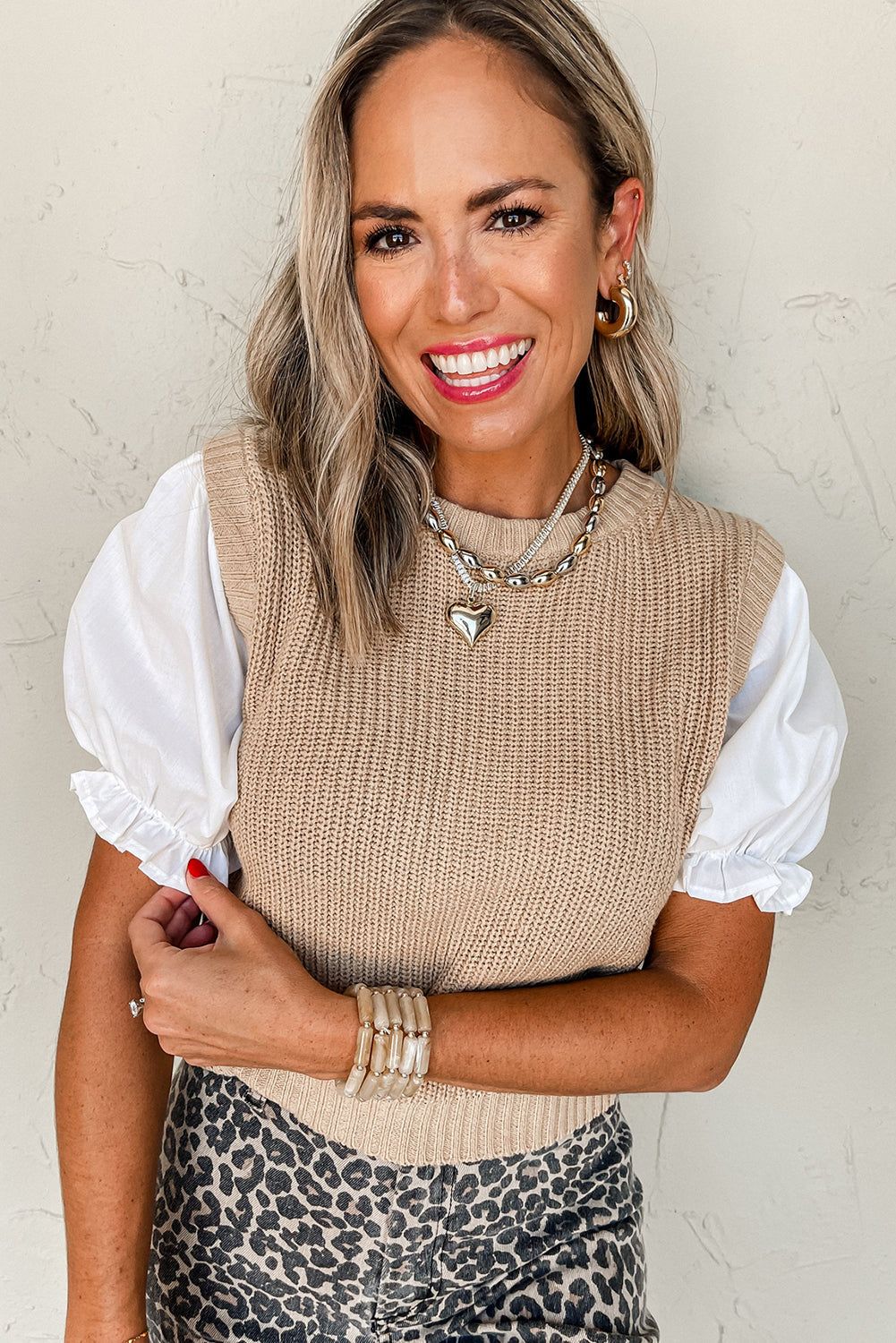 Beige Round Neck Knit Contrast Short Puff Sleeve Sweater - Sweaters & Cardigans/Sweaters