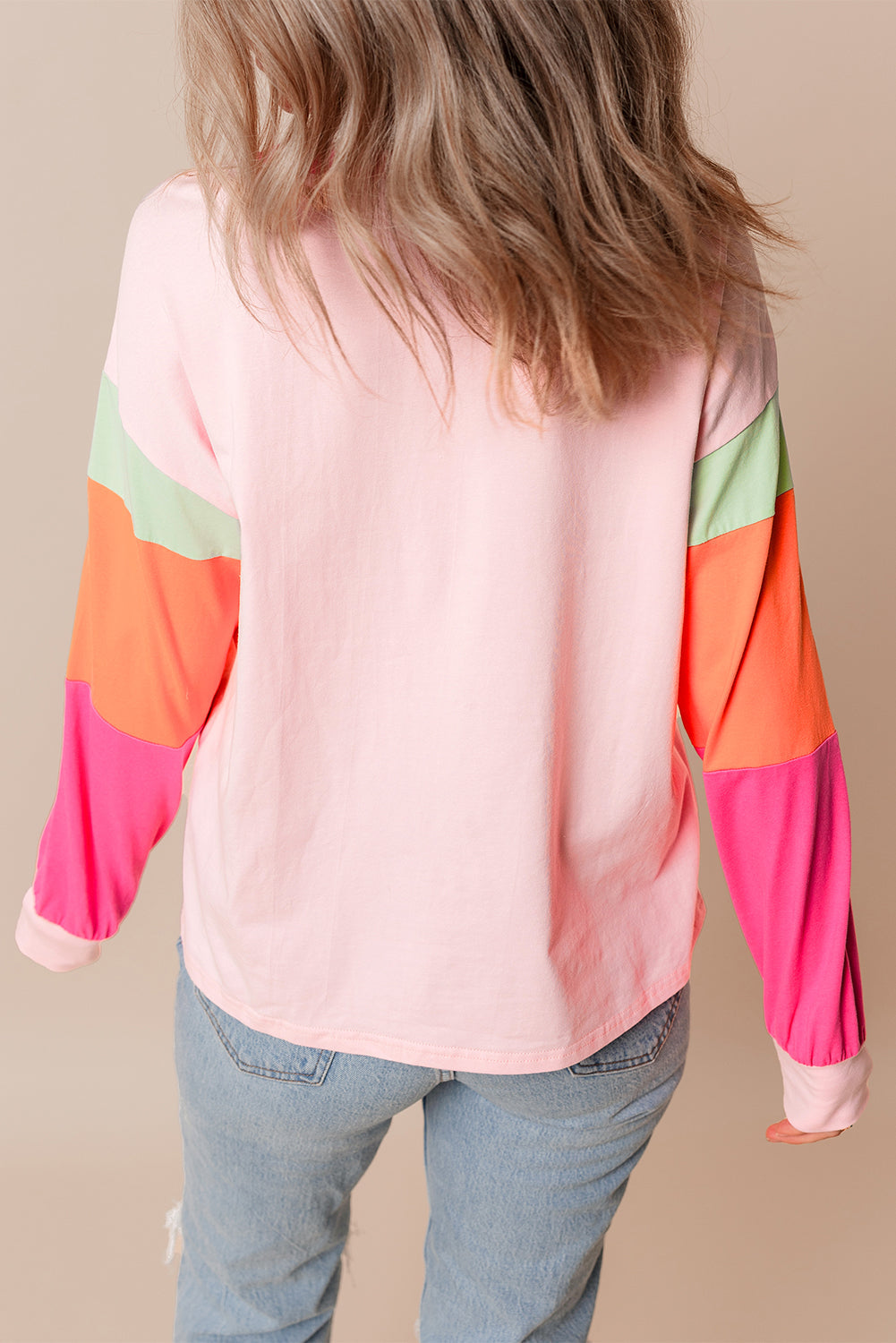 Pink Colourblock Patchwork Long Sleeve Loose Top eAura
