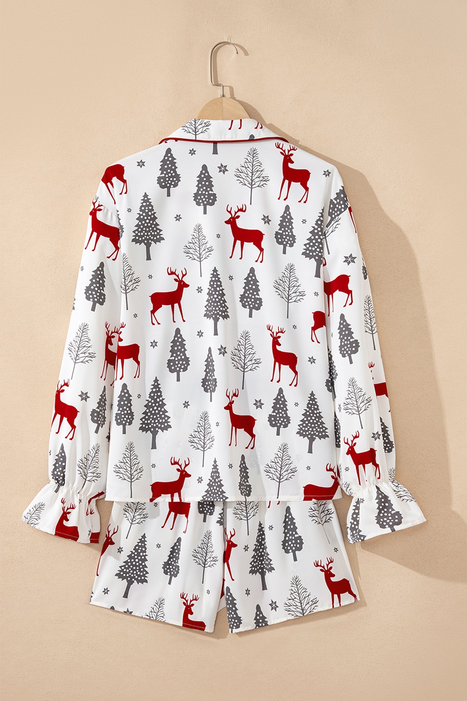 Christmas Print Velvet Trim Bow Knot Pyjama Shorts Set - Loungewear & Sleepwear/Sleepwear