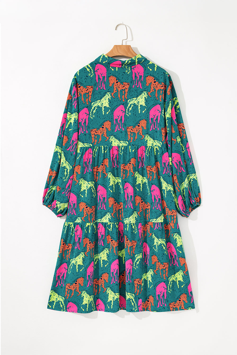 Green Horse Printed Long Sleeve Collared Buttoned Plus Size Midi Dress BB Fashion Outlet