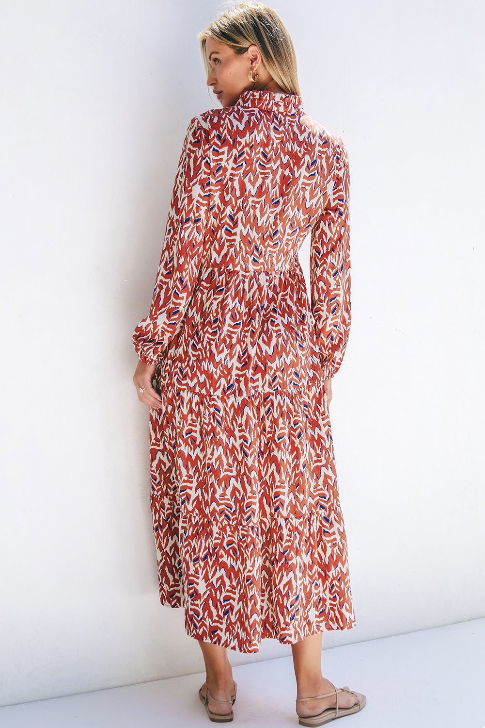 Orange Abstract Print V Neck Pleated High Waist Midi Dress eAura