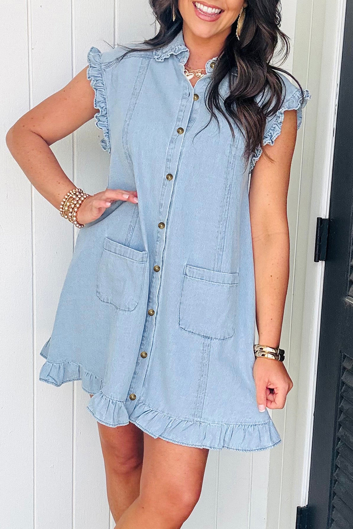 Blue Ruffled Edge Collared Shift Denim Dress with Pockets