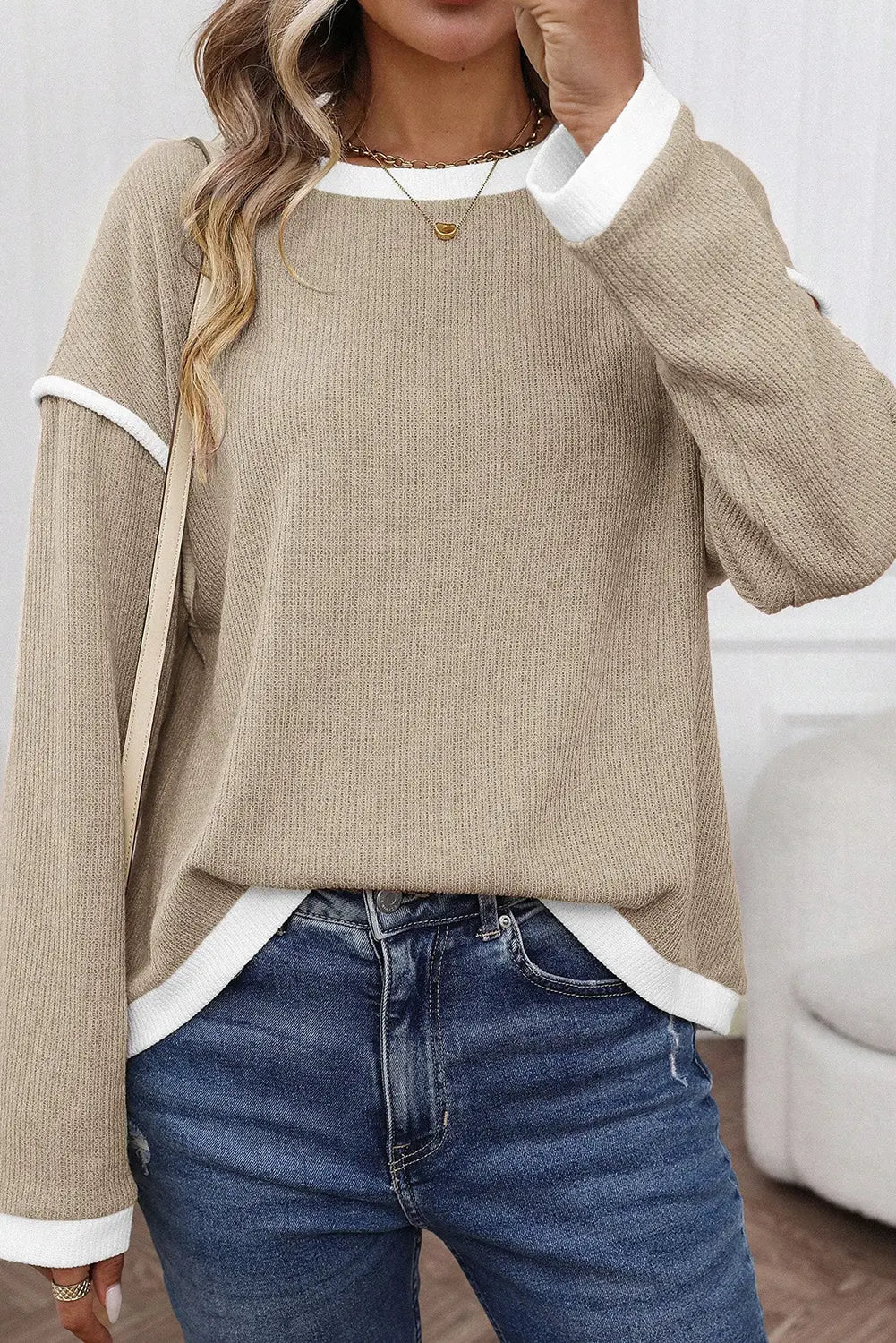 Contrast Colour Trim Knit Drop Shoulder Top