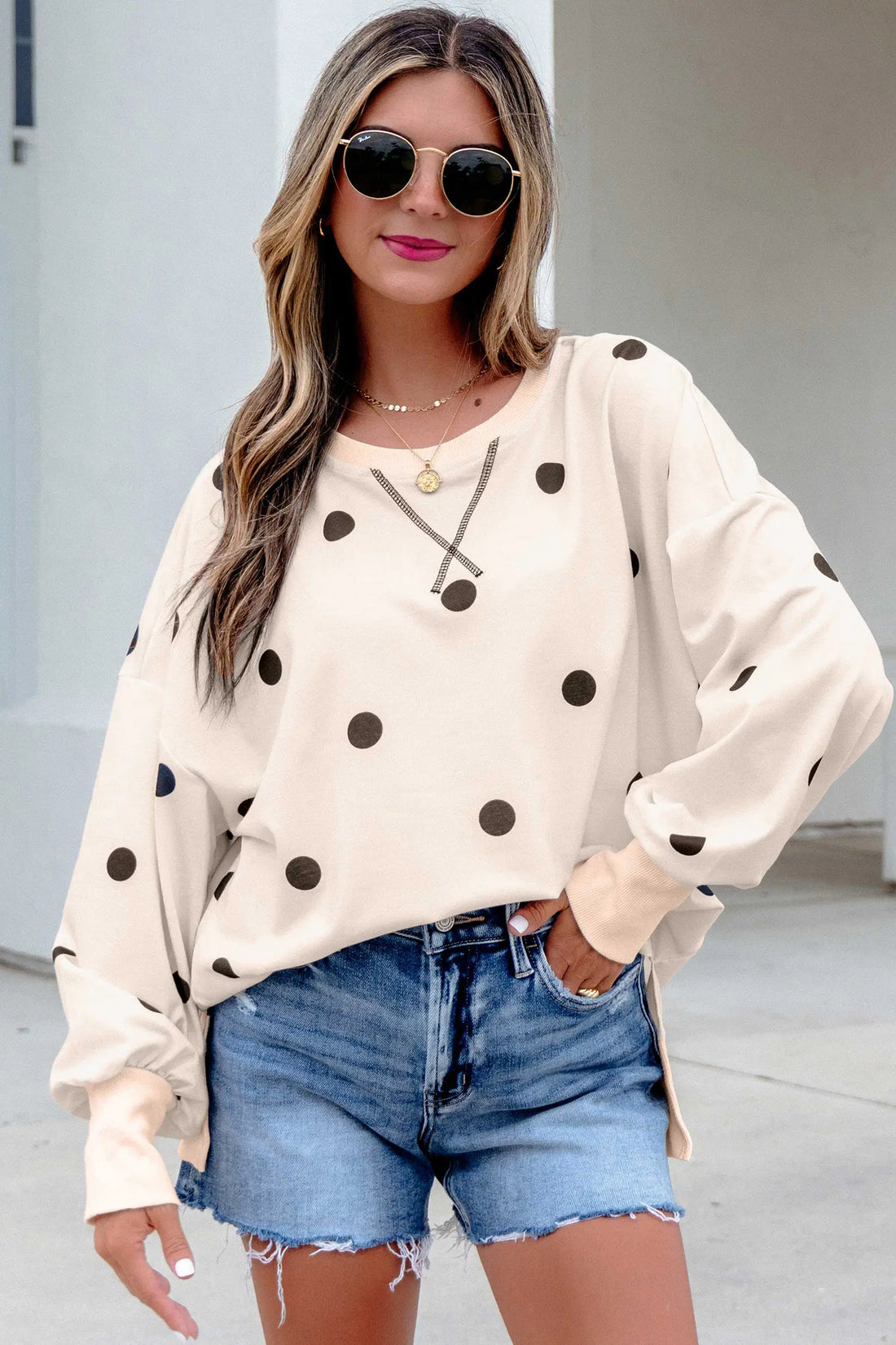 Loose-fit Long Sleeve Round Neck Polka Dot Tunic Sweatshirt – Beige