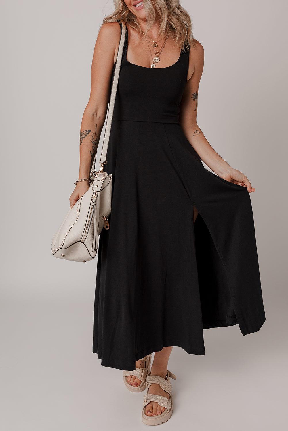 Black Sleeveless Scoop Neck Flared Split Midi Dress eAura