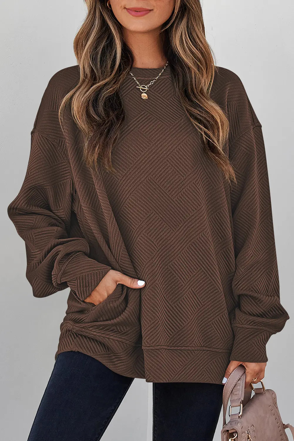 Jungle Solid Colour Textured Round Neck Drop Shoulder Pullover Sweatshirt – Green