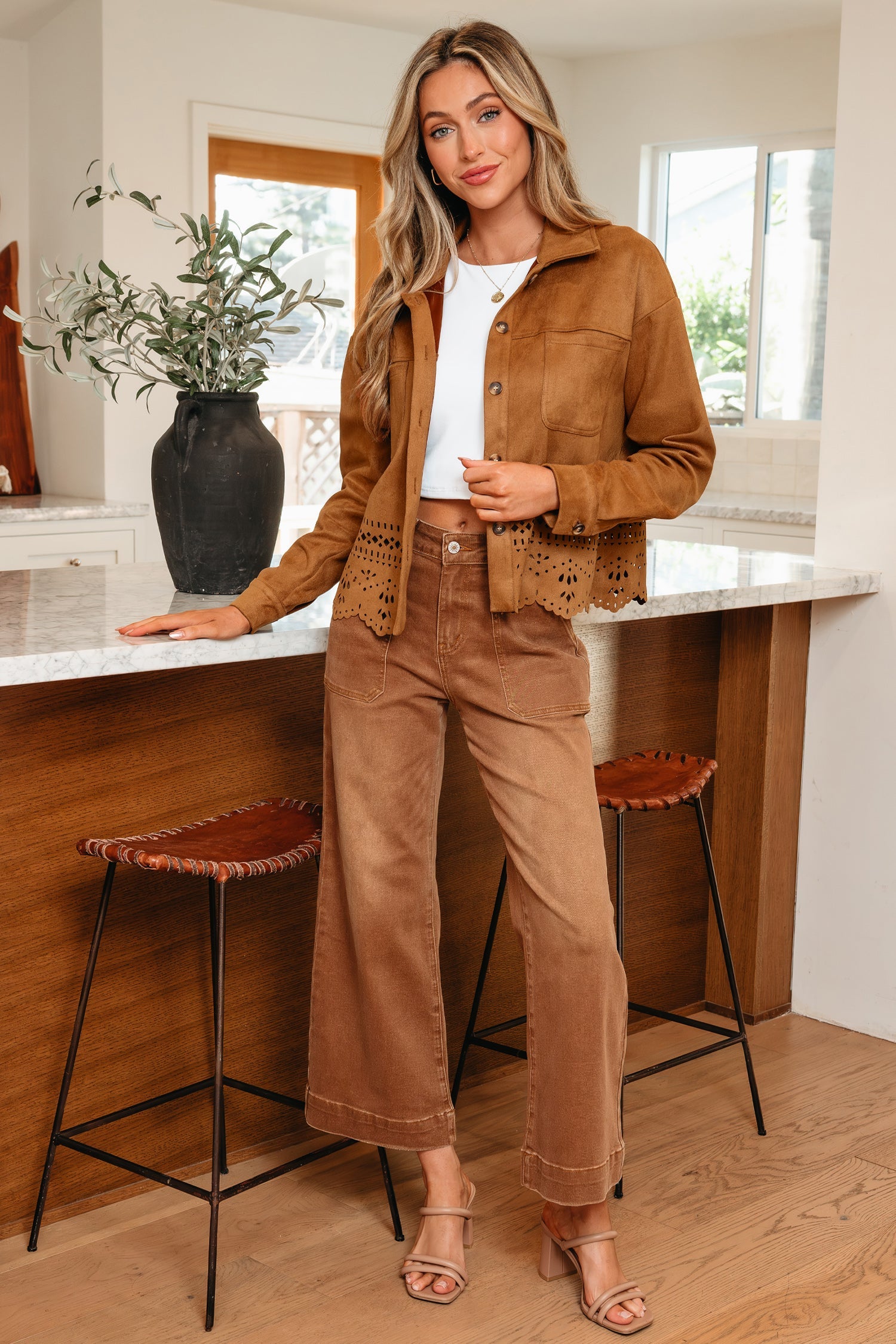Faux Suede Hollowed Detail Retro Style Jacket - Outerwear/Jackets