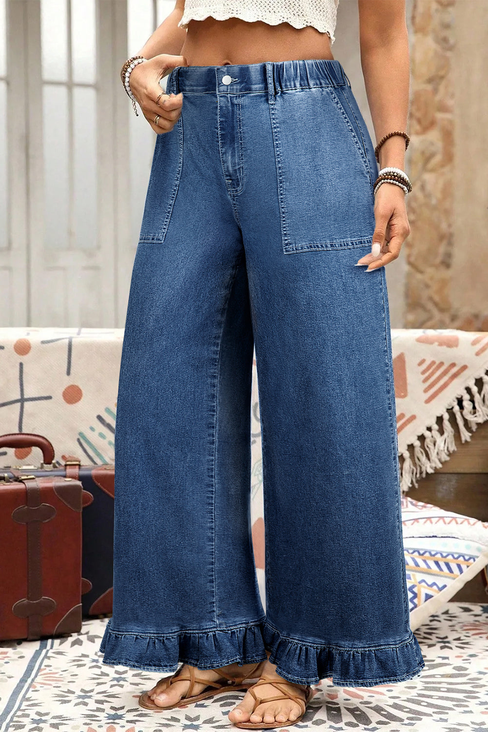 Plus Size Elastic Waist Ruffled Wide Leg Denim Jeans - Size/Plus Bottoms