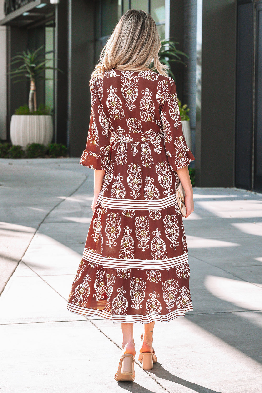 Floral Print Belted Striped Trim Tiered Maxi Dress