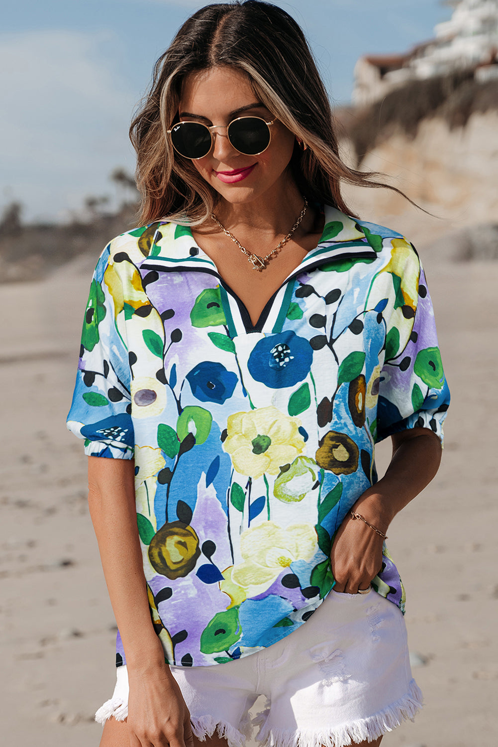 Light Blue Floral Print Slit V Neck Short Sleeve Blouse eAura