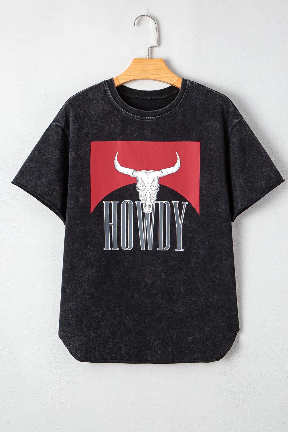 Black Western HOWDY Steer Head Print Side Slits Loose Fit T Shirt eAura