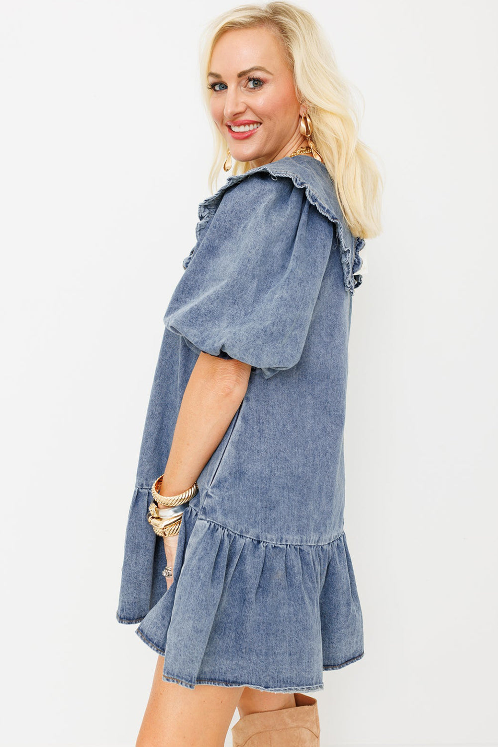 Dusk Blue Ruffled Collared Side Pockets Puff Sleeve Denim Mini Dress eAura