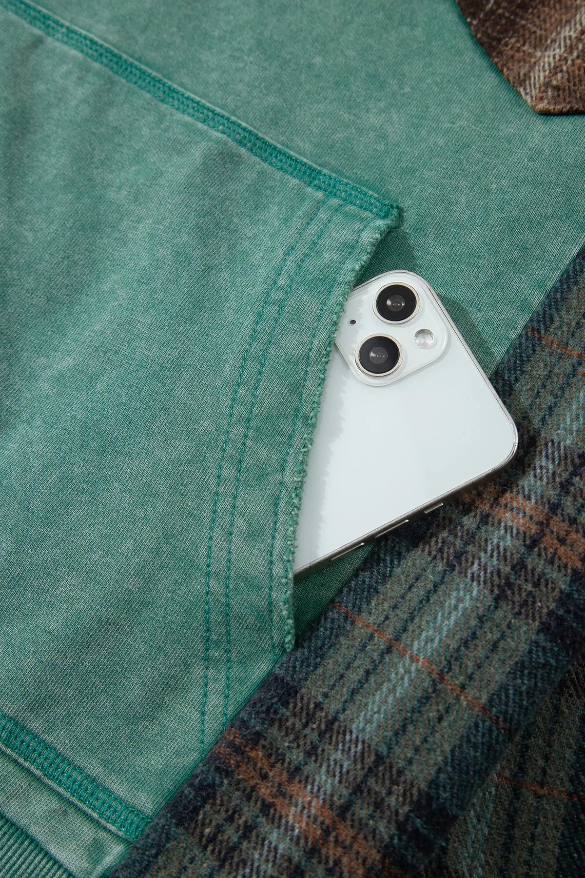 Smoke Green Plaid Colorblock Hoodie
