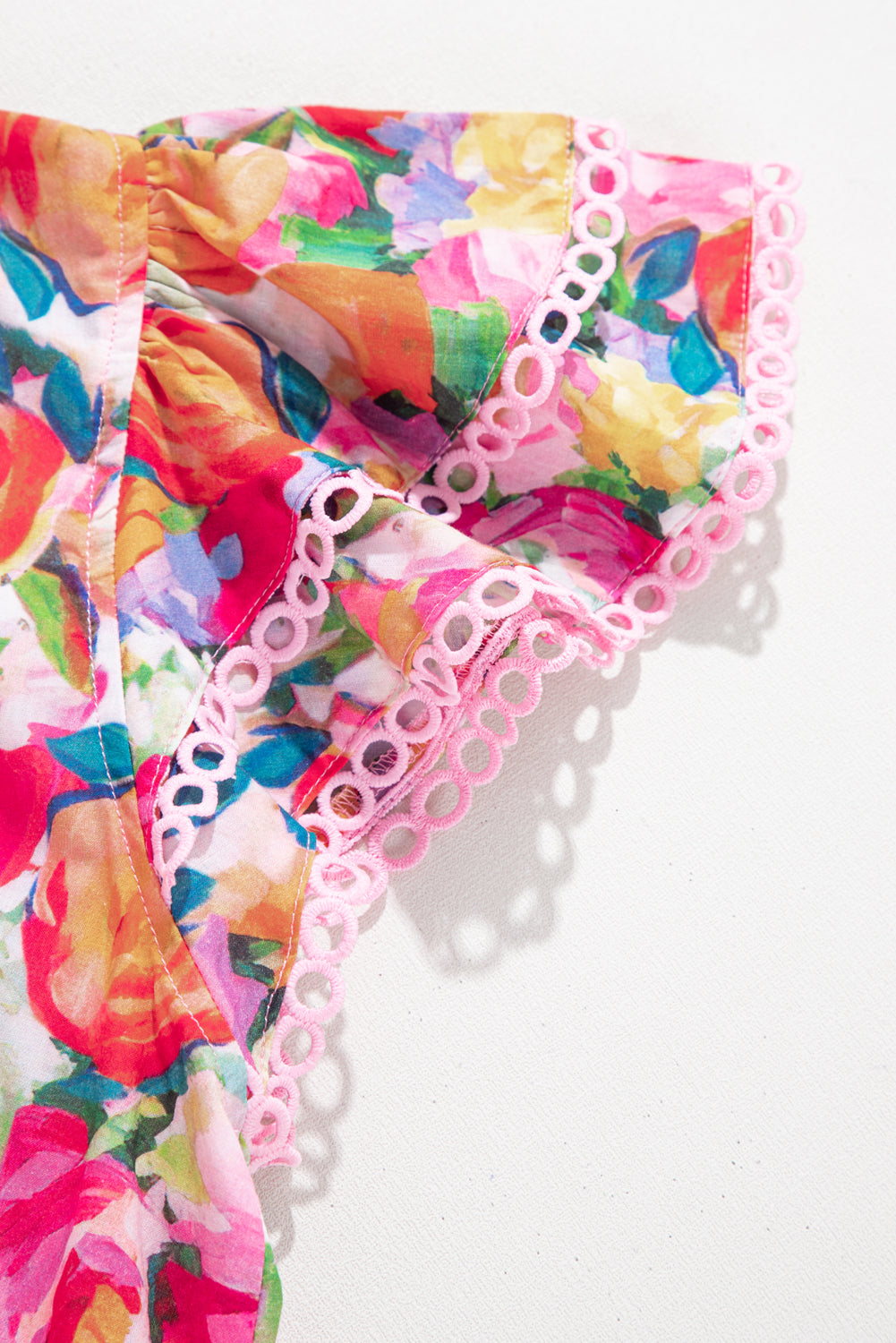 Multicolour Lace Trim Ruffle Short Sleeve Floral Blouse eAura