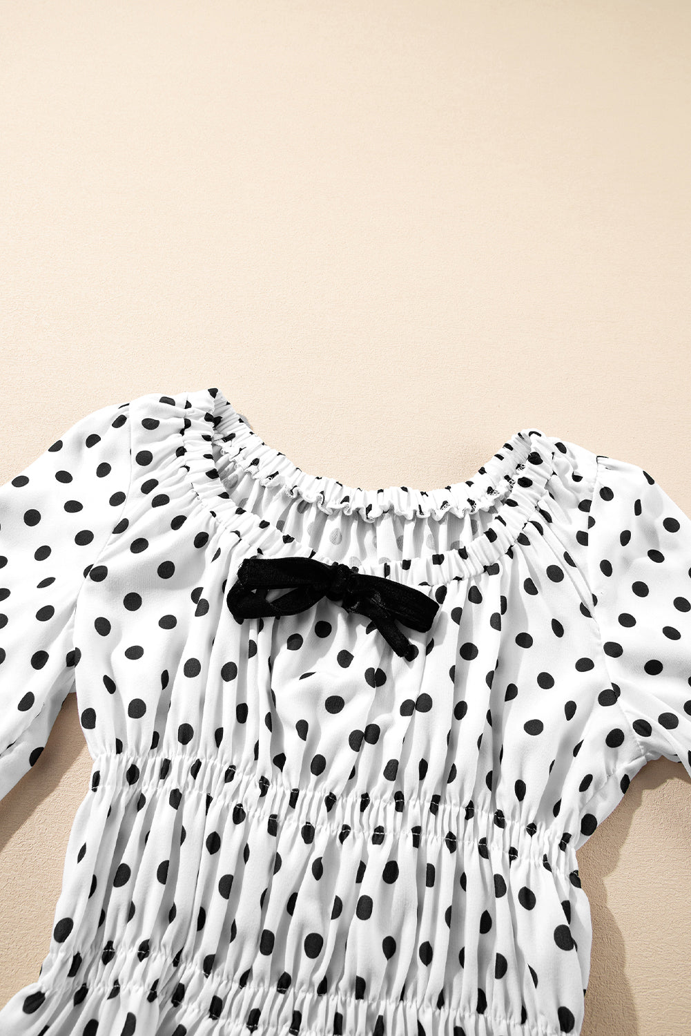 Black Polka Dot Puff Sleeve Bow Square Neck Peplum Top eAura