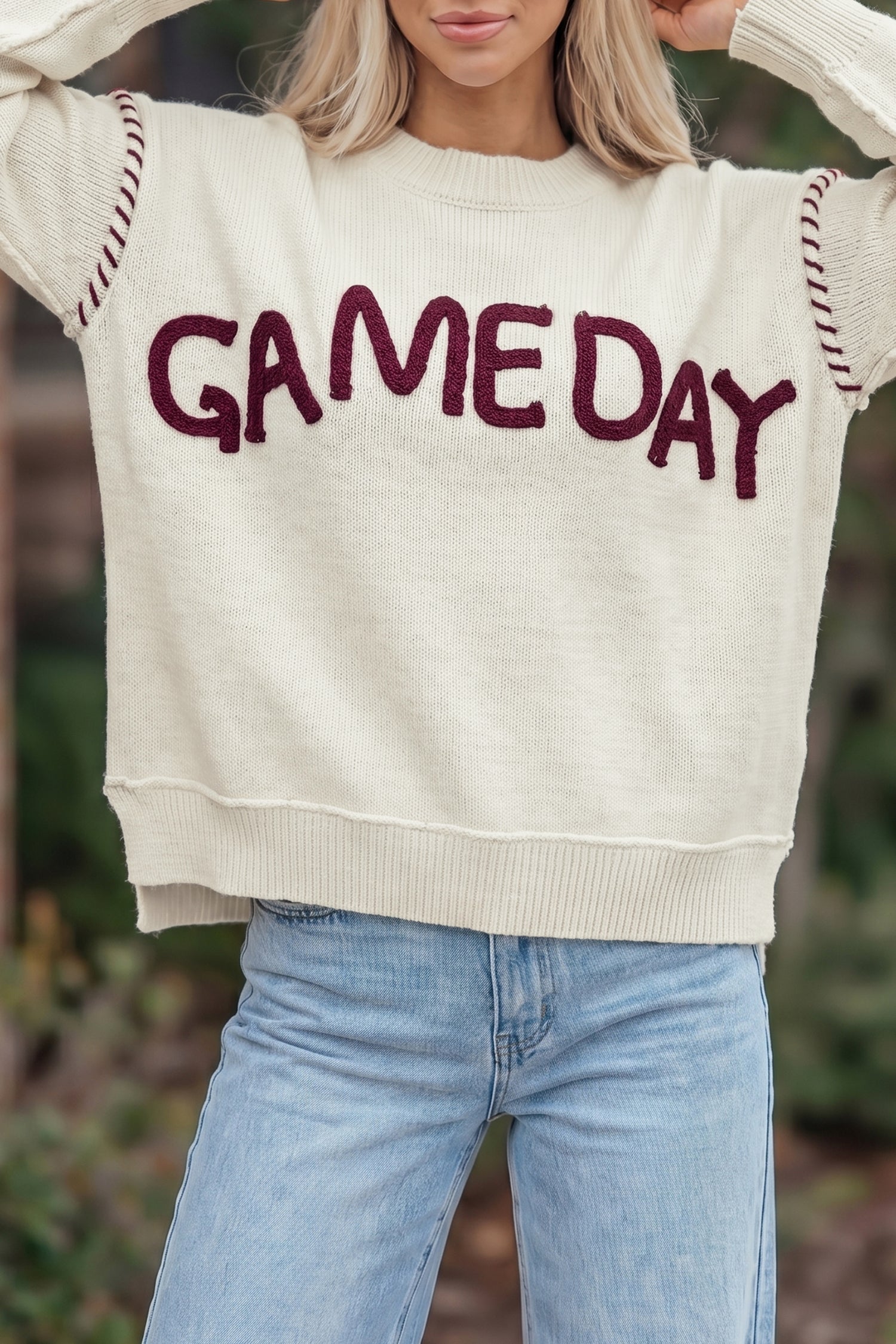Drop Shoulder Game Day Letter Print Pullover Sweater – Beige