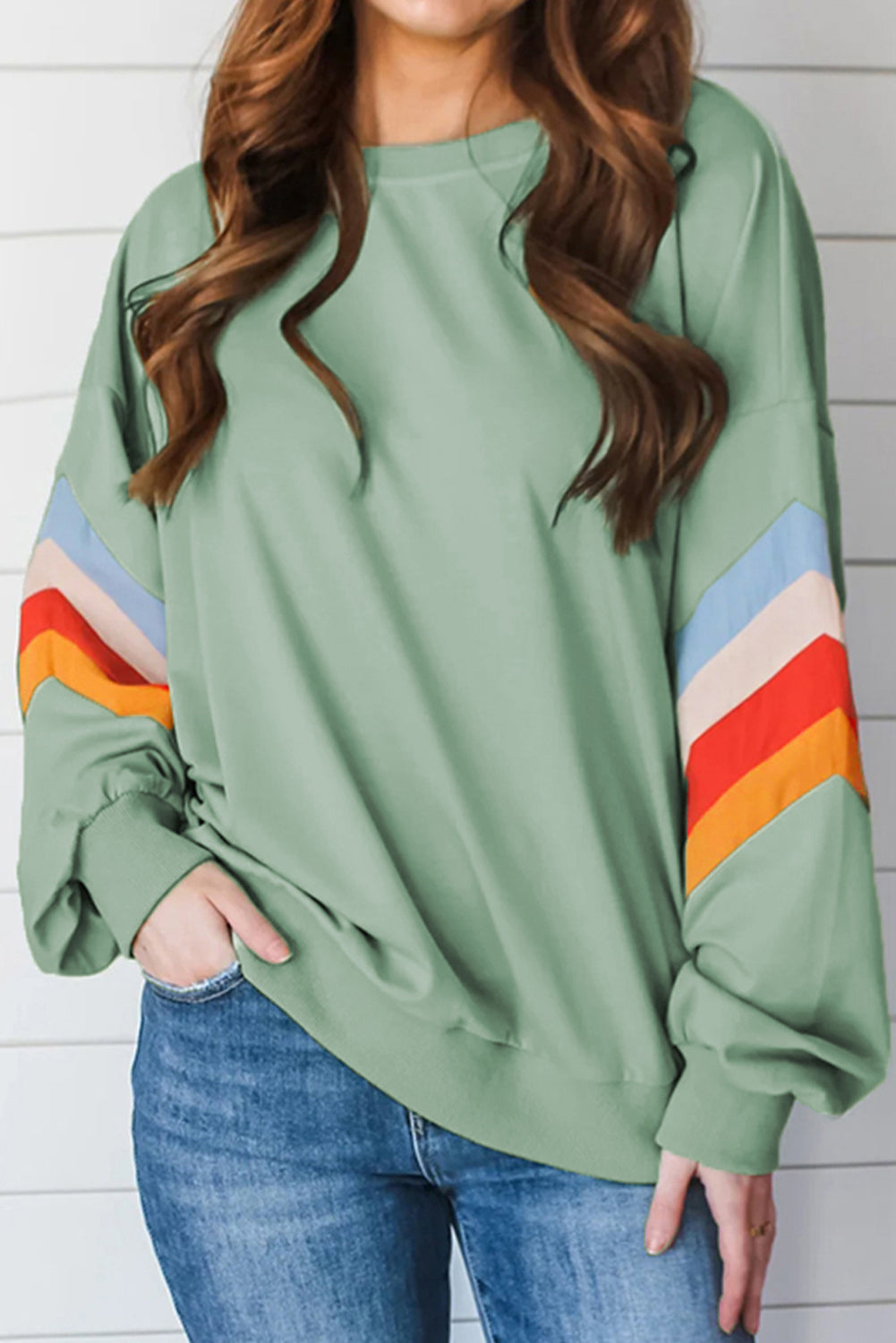 Moonlight Jade Rainbow Striped Sleeve Crew Neck Loose Sweatshirt eAura