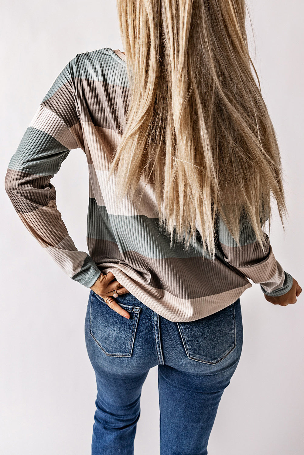 Green Colour Block Ribbed Long Sleeve Top with Pocket eAura
