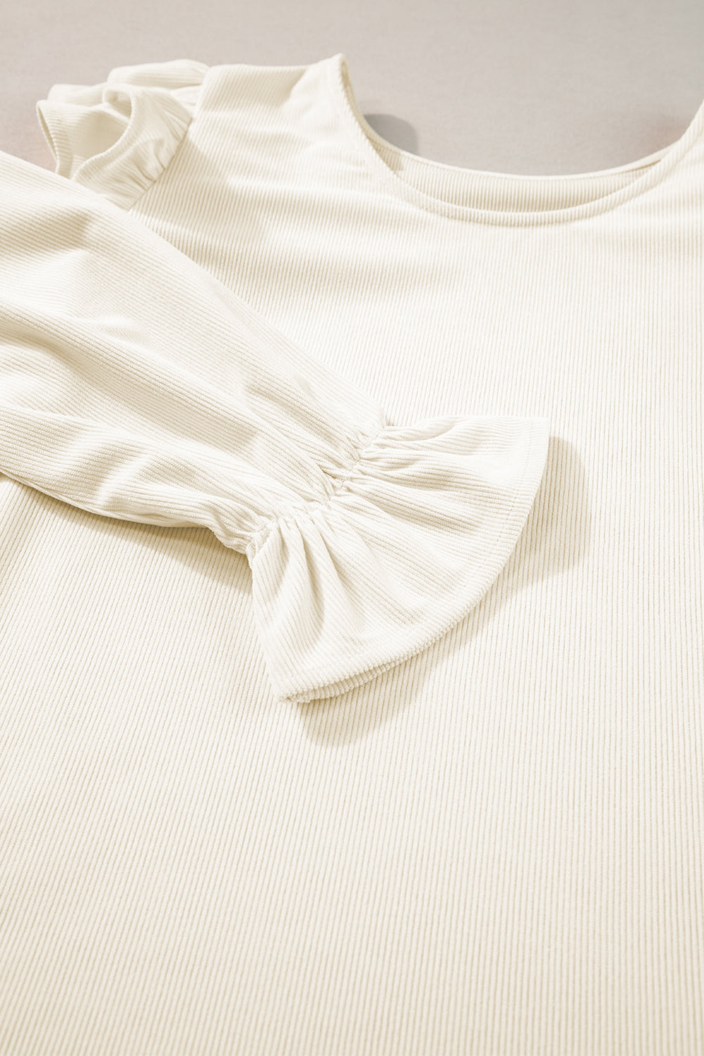 Beige Ruffled Flounce Sleeve Corduroy Blouse eAura