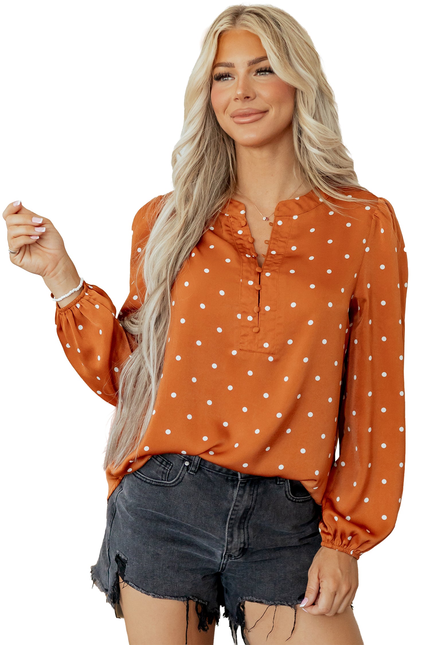 Polka Dot Half Button V Neck Long Sleeve Blouse – Brown