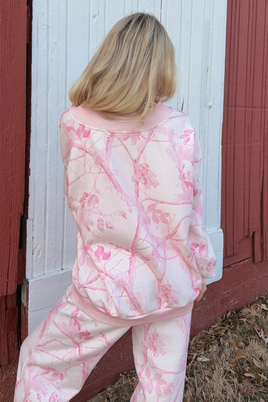 Abstract Plant Print Long Sleeve V Neck Pant Set – Pink