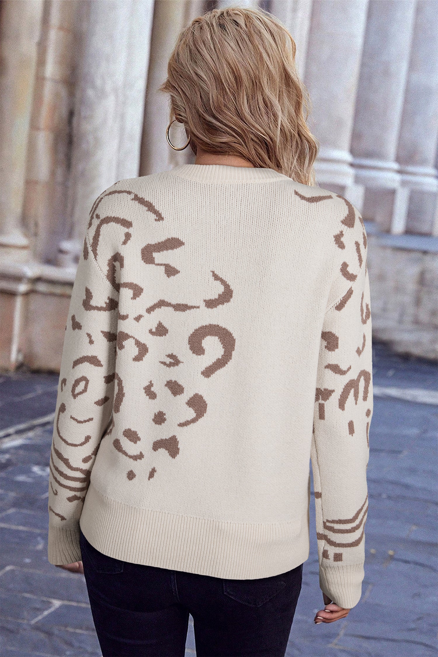 Asymmetric Leopard Print Detail Drop Shoulder Sweater - Sweaters & Cardigans/Sweaters