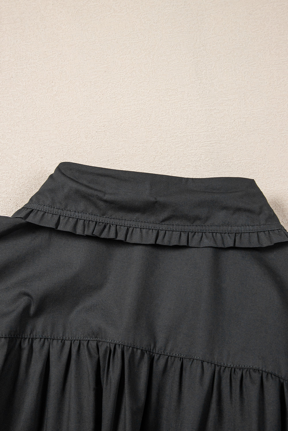 Black Shirt Style Button Down Puff Sleeve Ruffle Hem Dress eAura