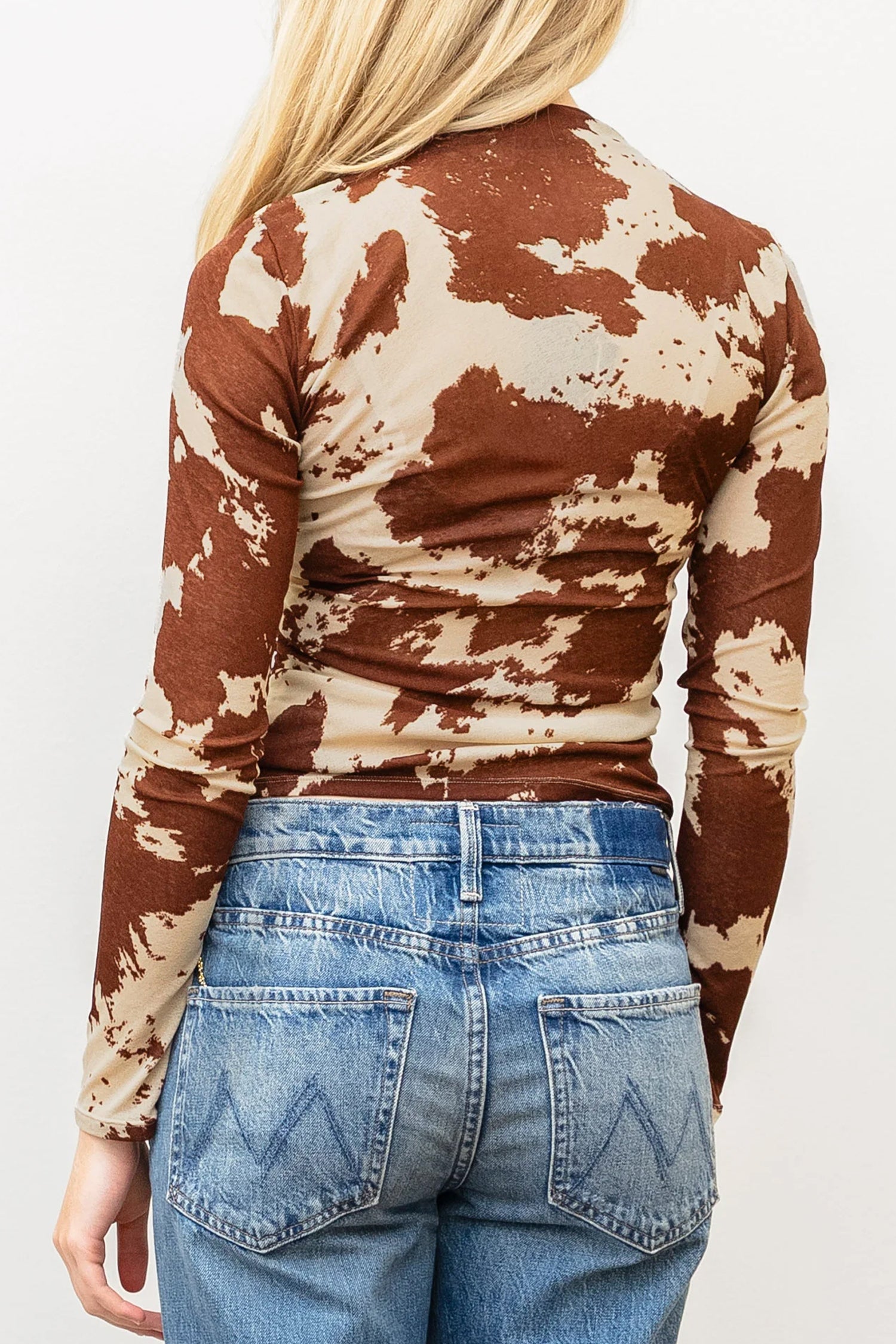 Western Cow Spots Printed High Neck Sheath Long Sleeve Top – Brown
