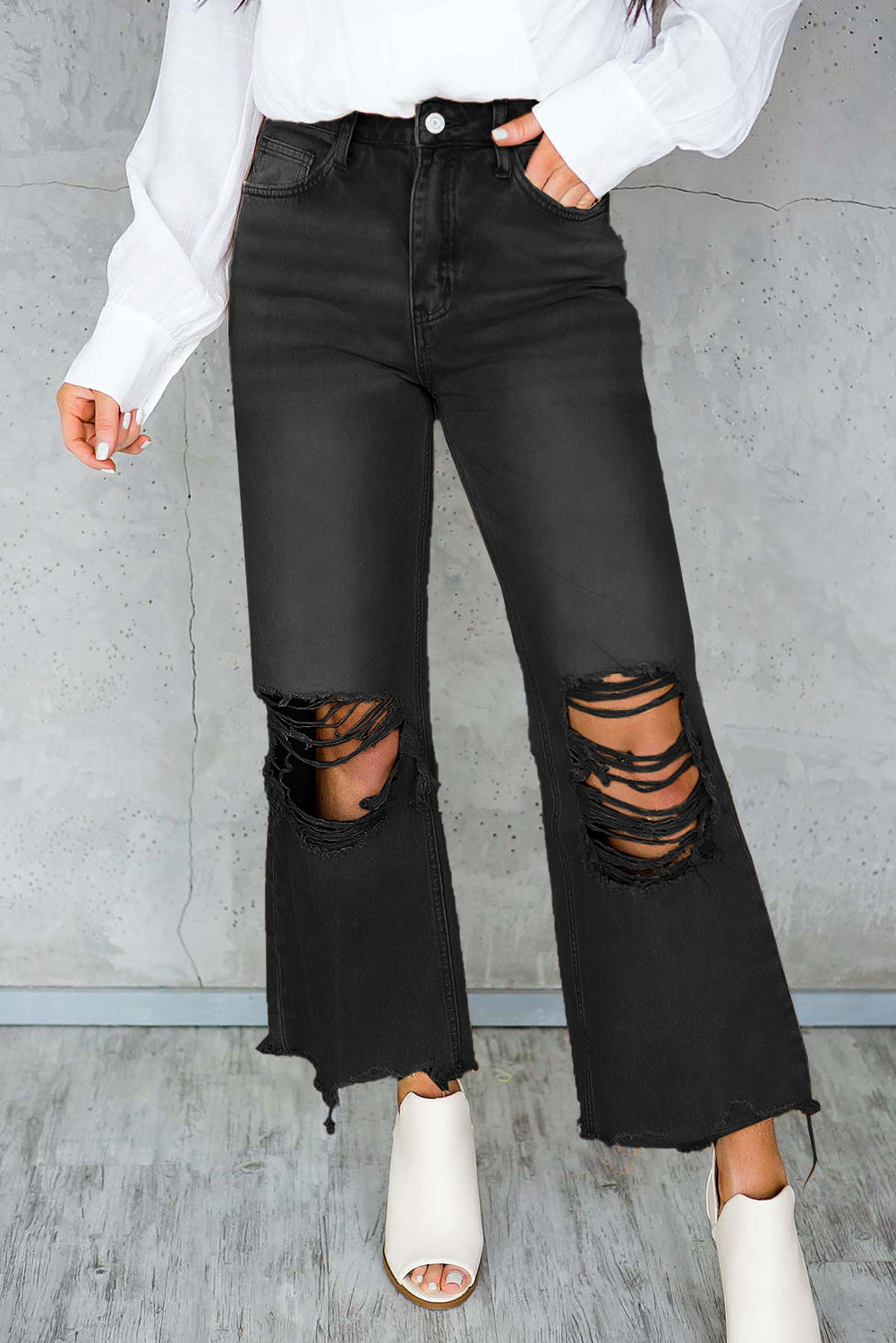 Black Distressed Hollow-out High Waist Cropped Flare Jeans Beagle Boutique Fashion Outlet