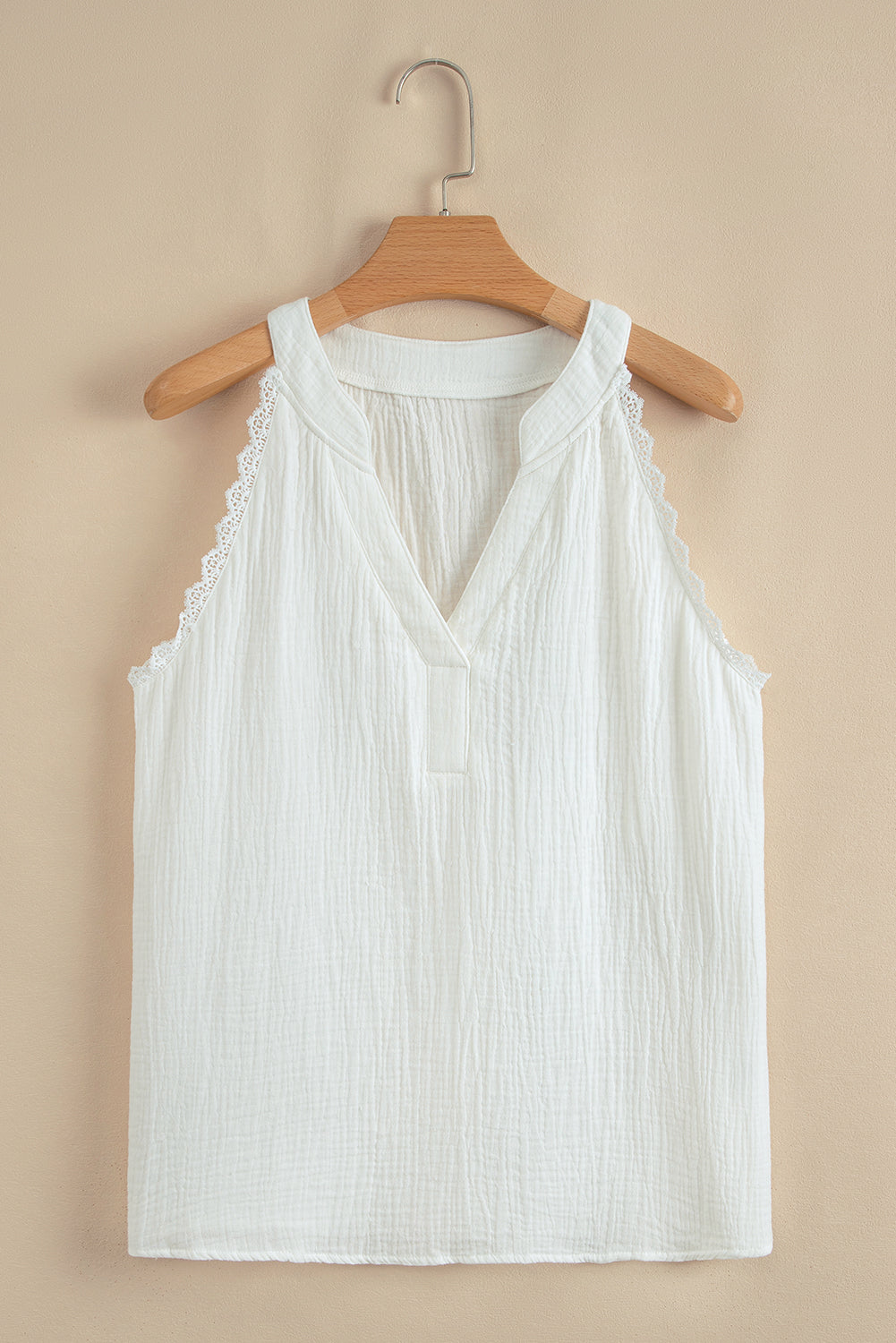 White Textured Lace Trim Pure Cotton Sleeveless Top eAura