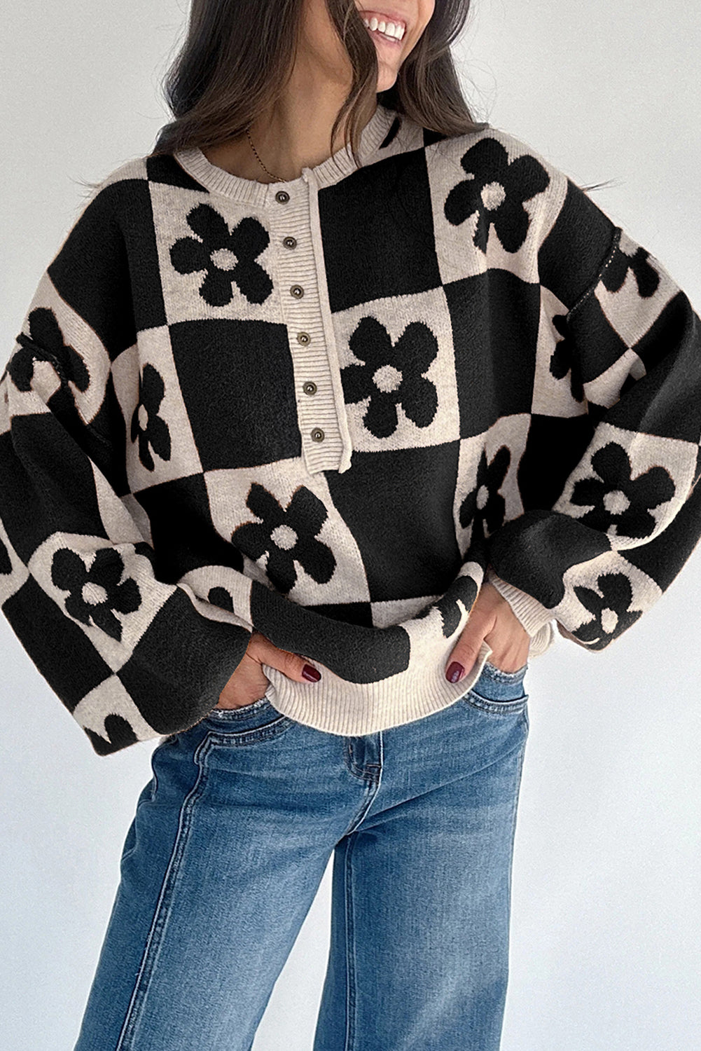 Flower Colourblock Checkered Henley Sweater - eAura
