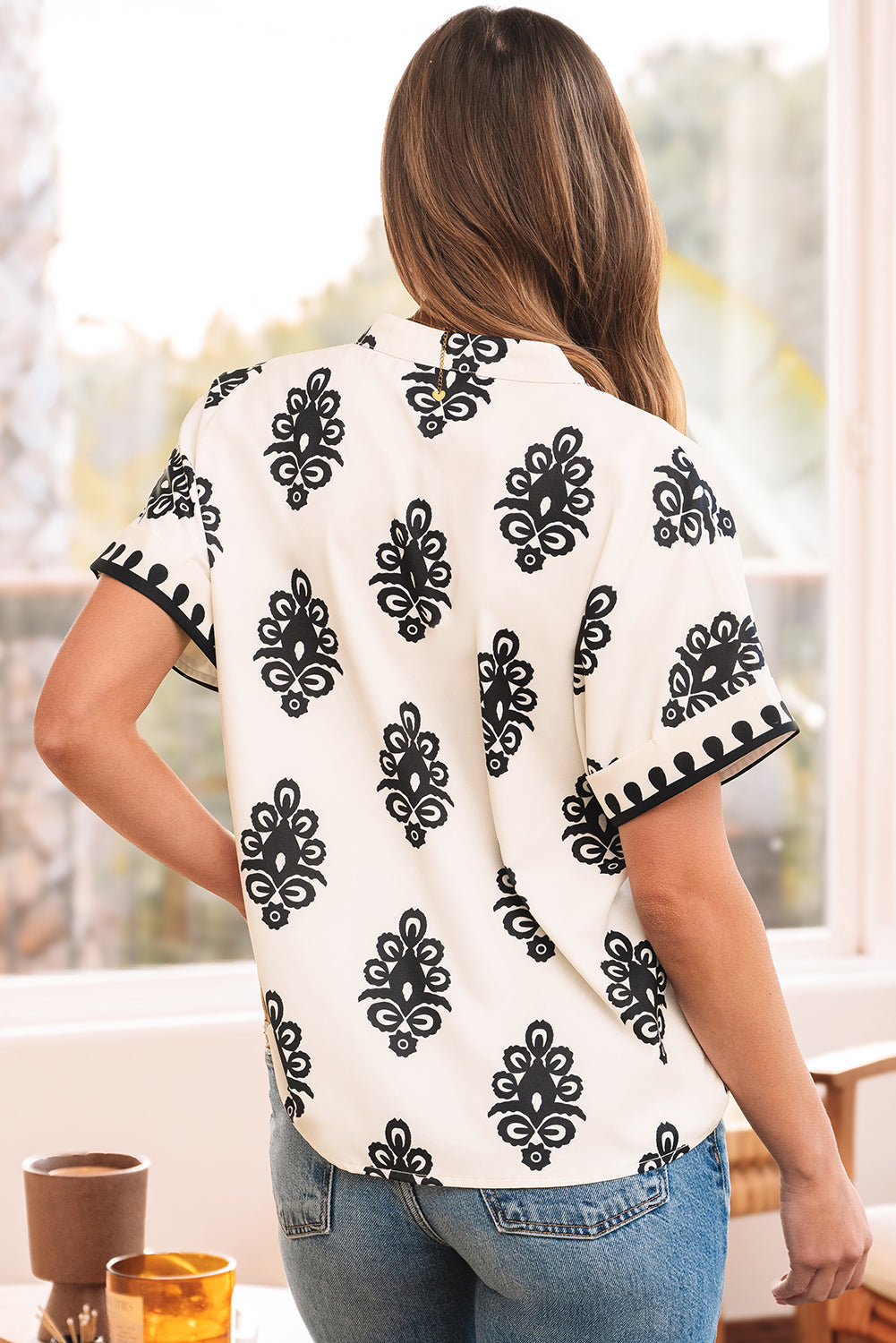 Black Geometric Print Short Sleeve V Neck Blouse eAura
