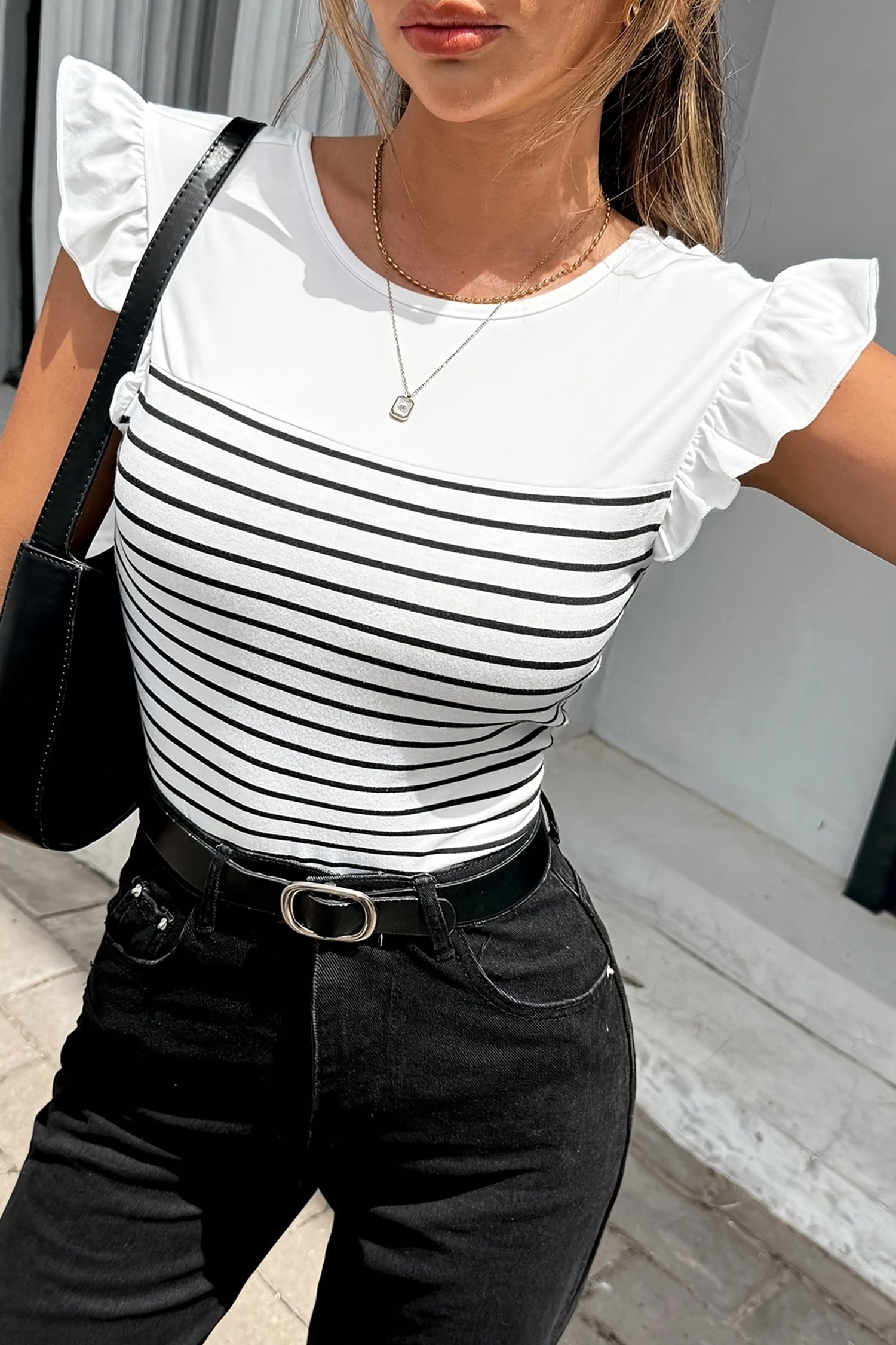 White Stripe Contrast Knot Back Ruffle Tank Top