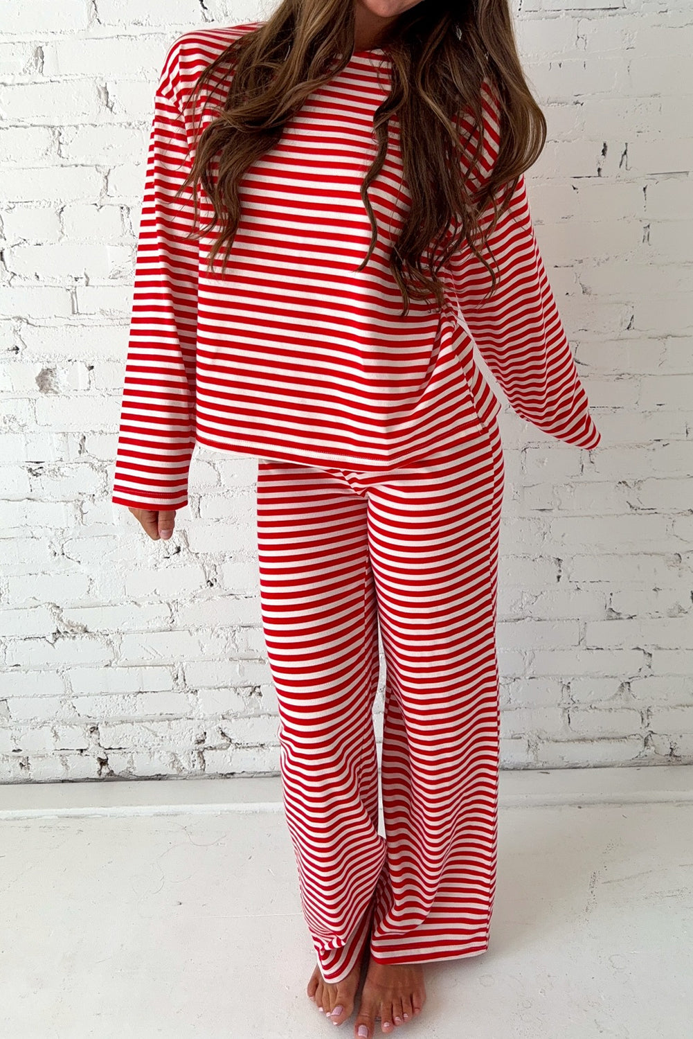 Red Stripe Drop Shoulder Long Sleeve Top Lounge Pants 2pcs Set - eAura